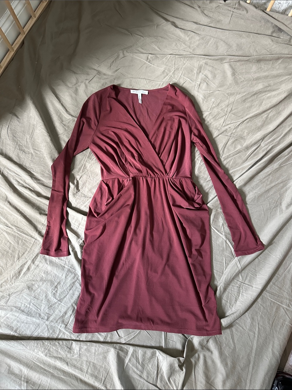 BCBGeneration Long Sleeve Wrap Dress in Burgundy